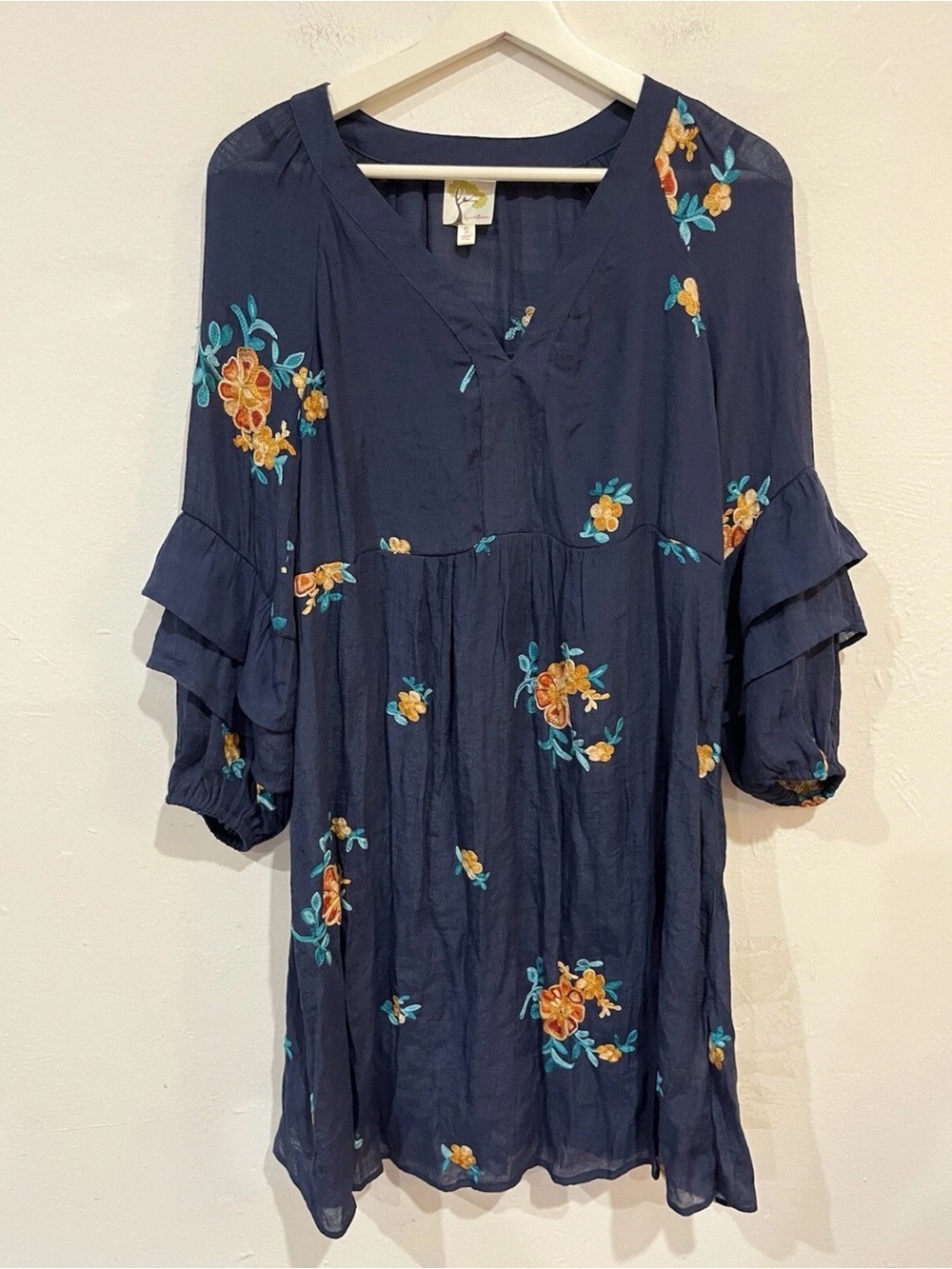 FIG AND FLOWER ANTHROPOLOGIE WOMEN'S NAVY BLUE EMBROIDERED BOHEMIAN DRESS SZ S